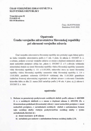 Opatrenie ÚVZSR  - A SZKKH óvintézkedései